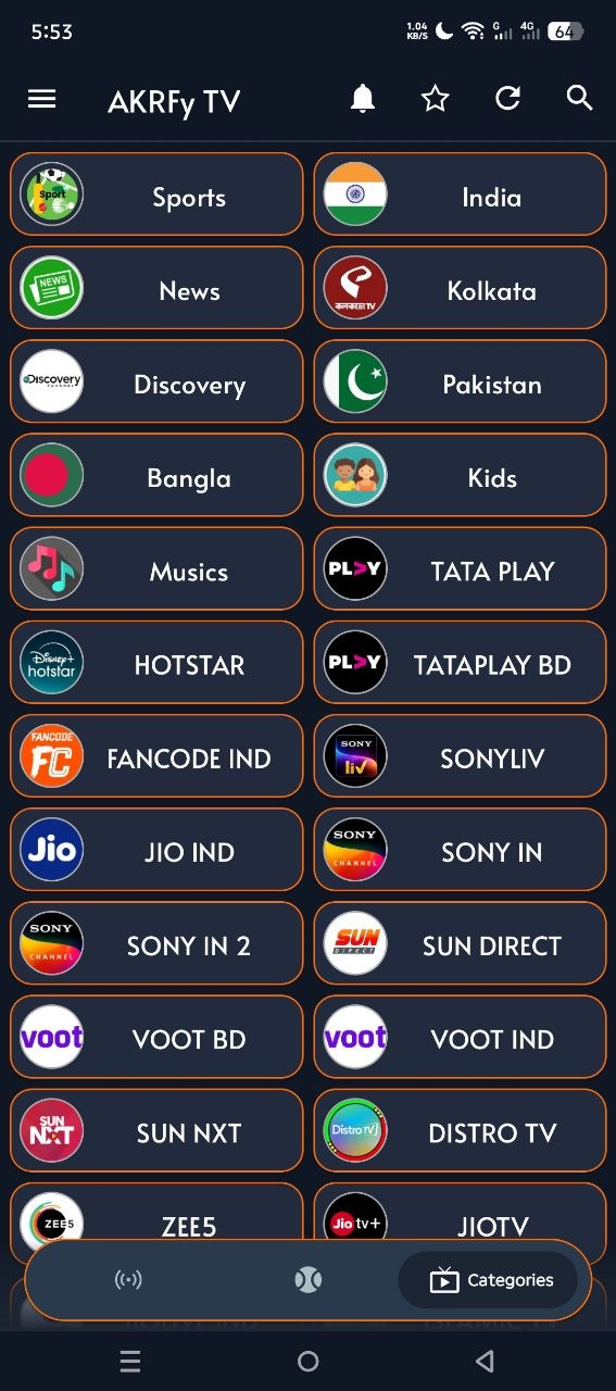 AKRFy TV home screen showing channel categories like Sports, News, India, Kolkata, and Pakistan